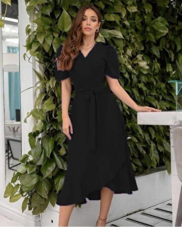 TUA MODA Kadın Kruvaze Yaka Midi Boy Kuşaklı Krep Elbise 120 Cm