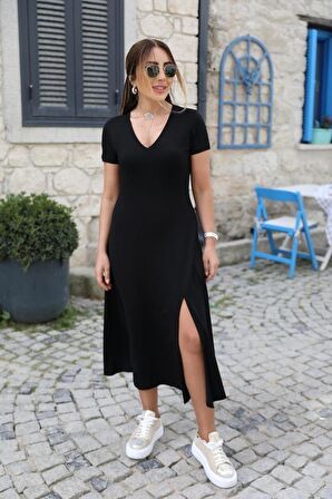 TUA MODA Kadın Kısa Kollu V Yaka Maxi Boy Elbise 124 Cm
