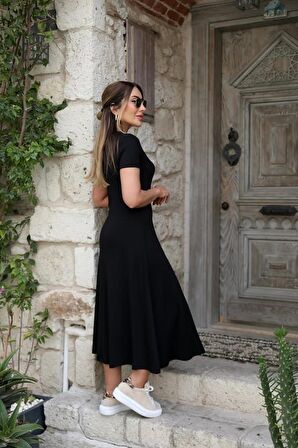 TUA MODA Kadın Kısa Kollu V Yaka Maxi Boy Elbise 124 Cm
