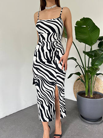 TUA MODA Kadın Zebra Baskılı Omuz Askılı Sırt Dekolteli Yırtmaç Detay Elbise