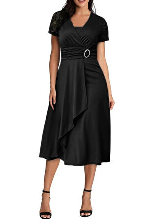 TUA MODA Kadın Kısa Kollu Kruvaze Yaka Kuşak Ve Toka Detay Krep Elbise