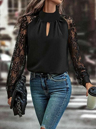 TUA MODA Kadın Uzun Kollu Göğüs Pencere Detay Yaka Boğazlı Kolları Tüllü Sandy Bluz