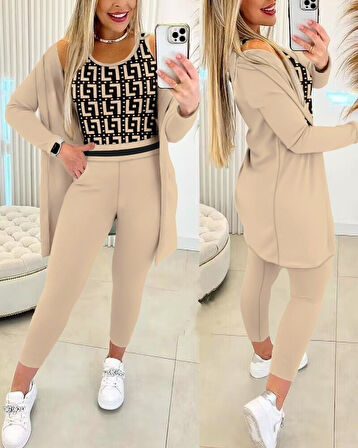 TUA MODA Kadın Uzun Kollu Krep üçlü Takım