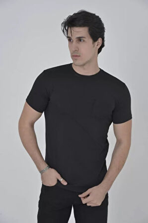 TUA MODA Erkek File Cepli Slim Fit T-shirt - Siyah