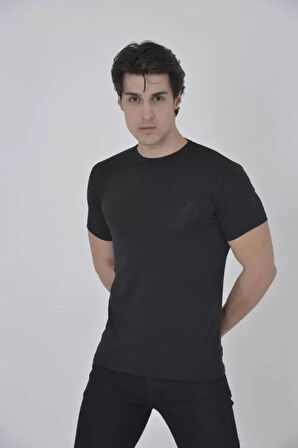 TUA MODA Erkek File Cepli Slim Fit T-shirt - Siyah