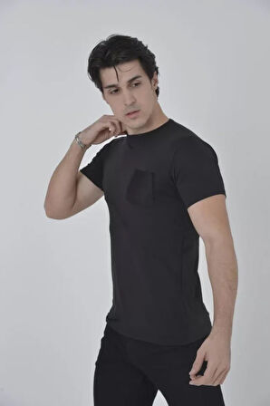 TUA MODA Erkek File Cepli Slim Fit T-shirt - Siyah