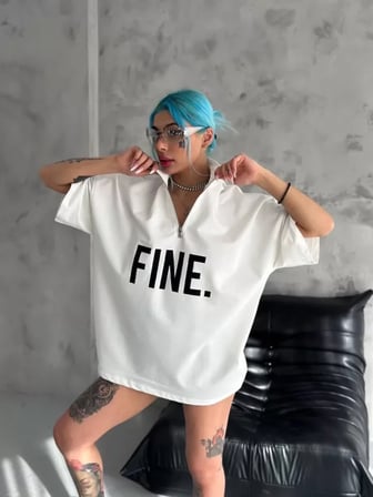 TUA MODA Unisex Baskılı Yarım Fermuarlı T-Shirt - Beyaz
