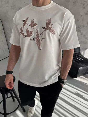 TUA MODA Unisex Nakış İşlemeli T-Shirt - Beyaz