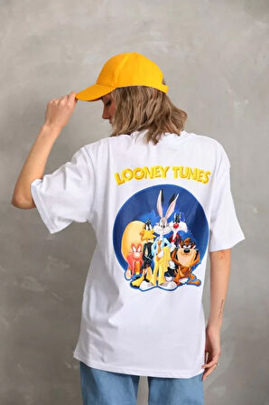 TUA MODA Unisex Baskılı Oversize T-Shirt - Beyaz