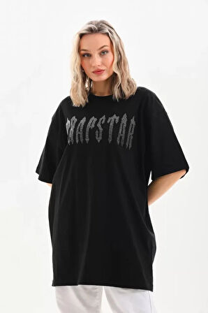 TUA MODA Unisex Taş Desenli Oversize T-Shirt - Siyah