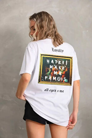 TUA MODA Unisex Baskılı Oversize T-Shirt - Beyaz