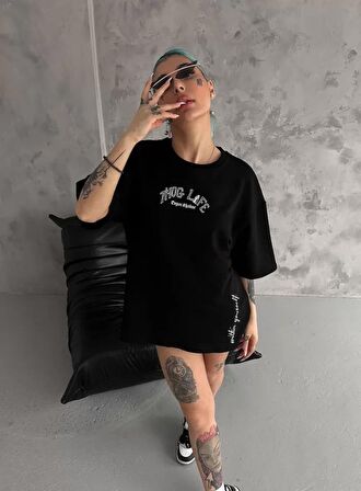 TUA MODA Unisex Baskılı Oversize T-Shirt - Siyah