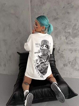 TUA MODA Unisex Baskılı Oversize T-Shirt - Beyaz