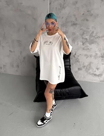 TUA MODA Unisex Baskılı Oversize T-Shirt - Beyaz