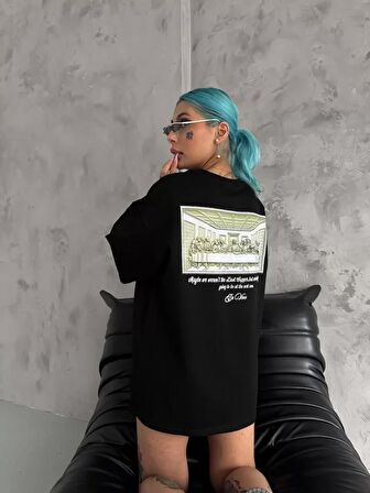 TUA MODA Unisex Baskılı Oversize T-Shirt - Siyah