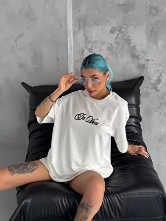 TUA MODA Unisex Baskılı Oversize T-Shirt - Beyaz