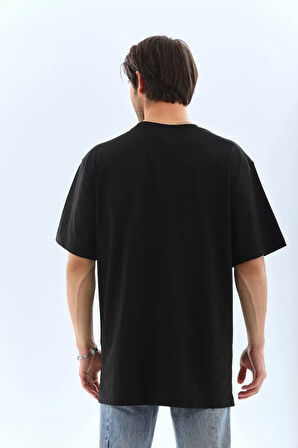 TUA MODA Unisex Oversize Taşlı Bisiklet Yaka T-Shirt - Siyah