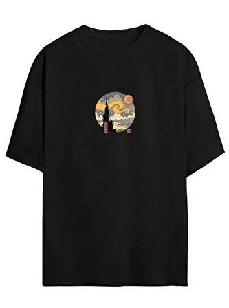 TUA MODA Unisex Baskılı Oversize T-Shirt - Siyah