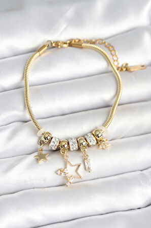 TUA MODA Pirinç Gold Renk Yıldız Charmlı Kadın Bileklik