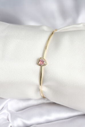 TUA MODA Pembe Zirkon Taşlı Kalp Model Gold Renk Kadın Bileklik