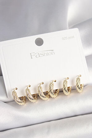 TUA MODA 925 Ayar Gümüş Çivi Pirinç Gold Renk İşlemeli Halka Model Kadın Küpe Seti