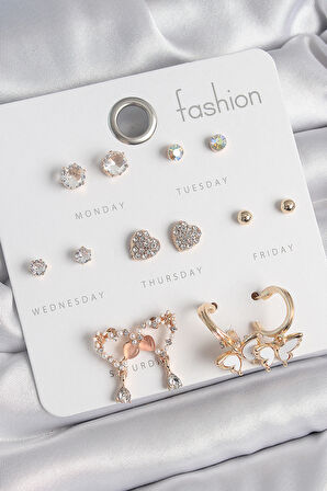 TUA MODA Pirinç Gold Renk Zirkon Taşlı Sallantılı Kalp Figür Kelebek Detay 7 Çift Kadın Küpe Seti