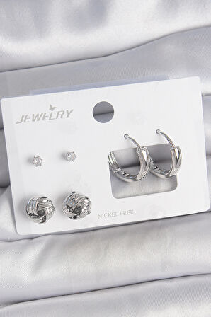 TUA MODA Pirinç Gümüş Renk Zirkon Taşlı Halka Model 3 Çift Kadın Küpe Seti