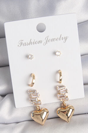 TUA MODA Pirinç Gold Renk Zirkon Taşlı Sallantılı Kalp Model Yarım Halka Detay 3 Çift Kadın Küpe Seti