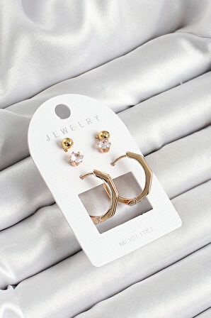 TUA MODA Pirinç Zirkon Taş Ve Kemik Halka Figürlü Gold Renk 3'lü Çift Kadın Küpe Set