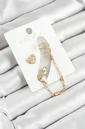 TUA MODA Pirinç Kalp Figürlü Zirkon Taşlı Gold Renk 3'lü Kıkırdak Kadın Küpe Set