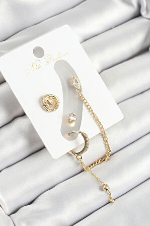 TUA MODA Pirinç Halka Figürlü Zirkon Taşlı Gold Renk 3'lü Kıkırdak Kadın Küpe Set