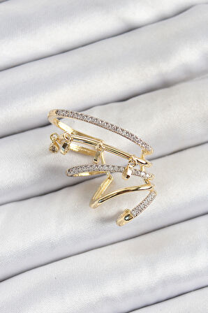 TUA MODA Pirinç Zirkon Taşlı Sıkıştırma Sağ Kıkırdak Gold Renk Kadın Küpe