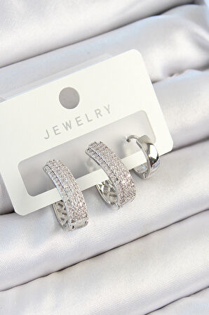 TUA MODA Pirinç Zirkon Taşlı Damla Model Gümüş Renk 3'lü Çift Kadın Küpe Set