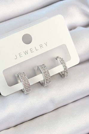 TUA MODA Pirinç Zirkon Taşlı Halka Model Gümüş Renk 3'lü Çift Kadın Küpe Set