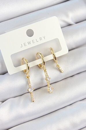 TUA MODA Pirinç Zirkon Taşlı Sallantılı Model Gold Renk 3'lü Çift Kadın Küpe Set