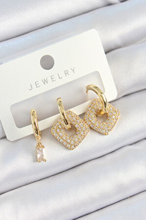 TUA MODA Pirinç Zirkon Taşlı Kare Model Gold Renk 3'lü Çift Kadın Küpe Set