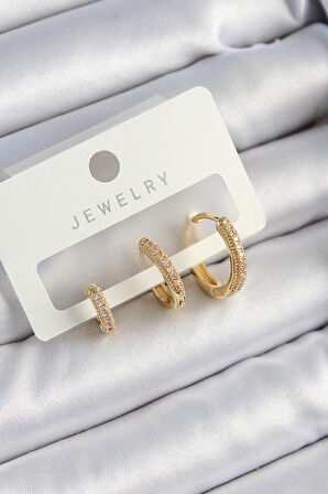 TUA MODA Pirinç Zirkon Taşlı Halka Model Gold Renk 3'lü Çift Kadın Küpe Set