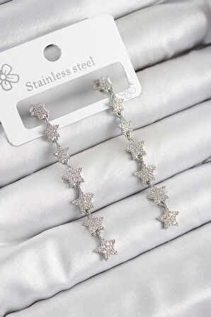 TUA MODA Pirinç Zirkon Taşlı Sallantılı Yıldız Model Gümüş Renk Kadın Küpe