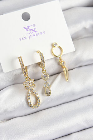 TUA MODA Pirinç Zİrkon Taşlı Sallantılı Model Gold Renk 3'lü Kadın Küpe