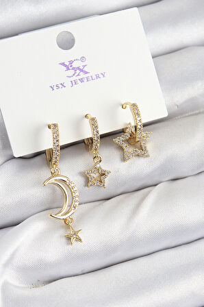 TUA MODA Pirinç Zİrkon Taşlı Ay Ve Hilal Model Gold Renk 3'lü Kadın Küpe