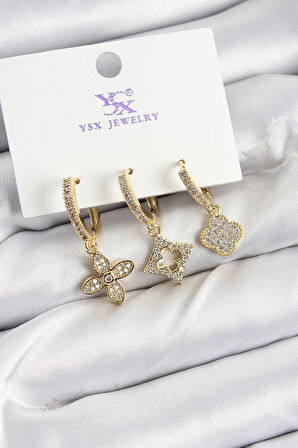 TUA MODA Pirinç Zİrkon Taşlı Yonca Model Gold Renk 3'lü Kadın Küpe