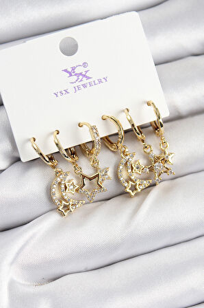 TUA MODA Pirinç Zİrkon Taşlı Ay ve Yıldız Model Gold Renk 3'lü Çift Kadın Küpe