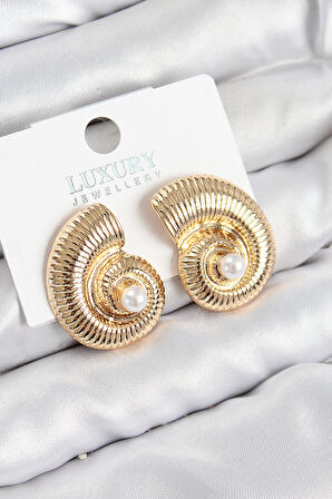 TUA MODA Pirinç İnci Detaylı Girdap Model Gold Renk Kadın Küpe