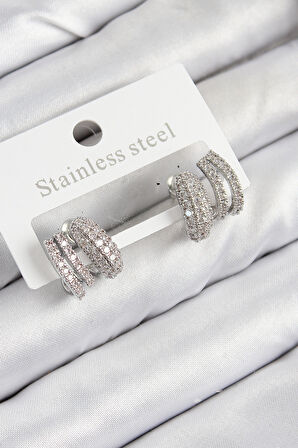 TUA MODA Pirinç Zirkon Taşlı Kıvrımlı Model Gümüş Renk Kadın Küpe