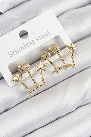 TUA MODA Pirinç Zirkon Taşlı Deniz Yıldızı ve İstiridye Model Gold Renk Kadın Küpe