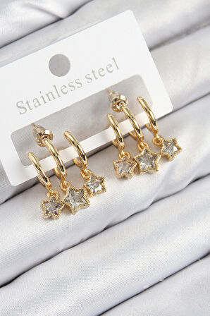 TUA MODA Pirinç Zirkon Taşlı Sallantılı Yıldız Model Gold Renk Kadın Küpe