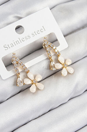 TUA MODA Pirinç Zirkon Taşlı Papatya Model Gold Renk Kadın Küpe
