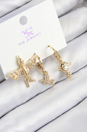 TUA MODA Pirinç Zirkon Taşlı 3'lü Kuş Model Gold Renk Kadın Küpe