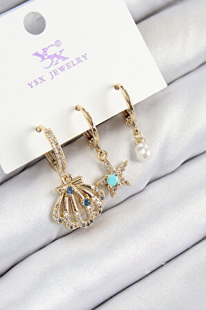 TUA MODA Pirinç Zirkon Taşlı 3'lü İstiridye Ve Yıldız Model Gold Renk Kadın Küpe