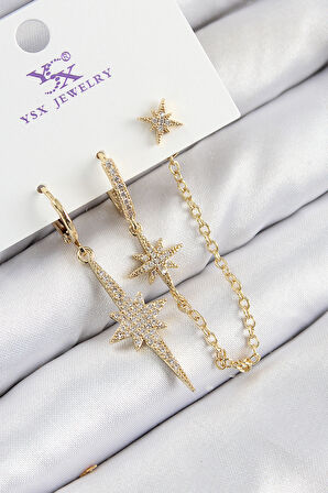 TUA MODA Pirinç Zirkon Taşlı 3'lü Kutup Yıldızı Model Gold Renk Kadın Küpe